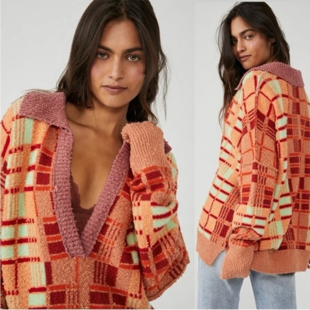 Free People Ruben Oversized Textured Plaid Collared Sweater Boho Pullover S